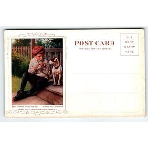 Boy Plays Flute With Dog Advertising Postcard Cosmopolitan Relief Camden NJ 1907